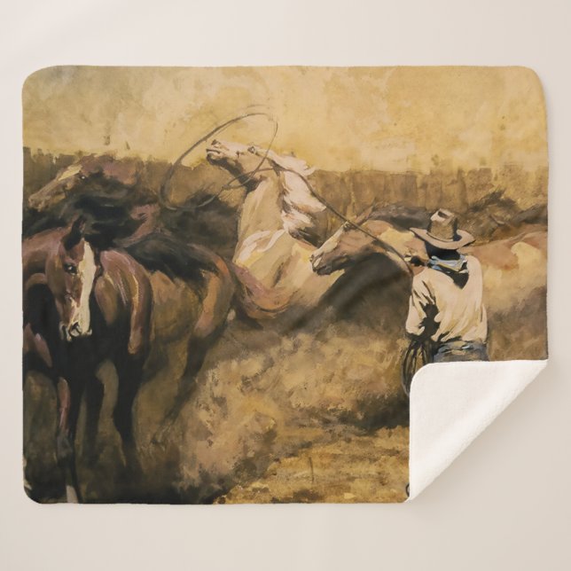 “Roping Palomino” Western Art by Maynard Dixon Sherpa Blanket (Front (Horizontal))