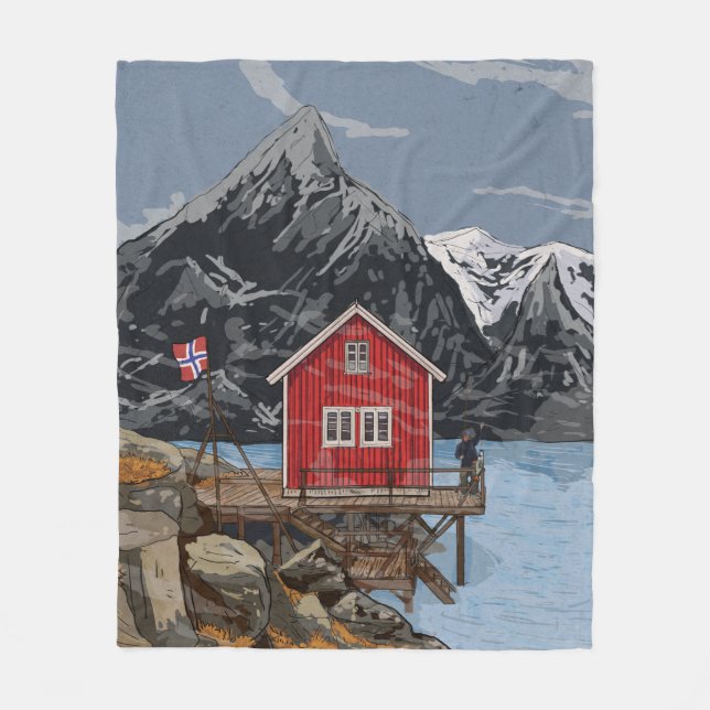 Rorbu Lofoten Bergen Norway Landscape Illustration Fleece Blanket (Front)