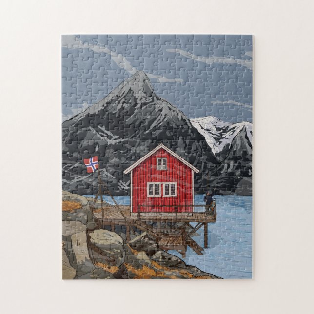 Rorbu Lofoten Bergen Norway Landscape Illustration Jigsaw Puzzle (Vertical)