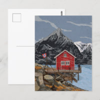 Rorbu Lofoten Bergen Norway Landscape Illustration