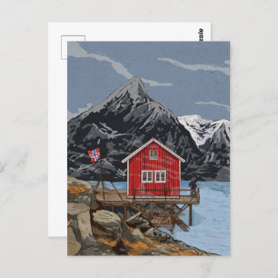 Rorbu Lofoten Bergen Norway Landscape Illustration Postcard