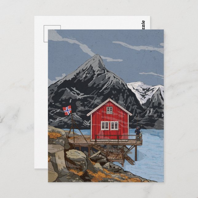 Rorbu Lofoten Bergen Norway Landscape Illustration Postcard (Front/Back)