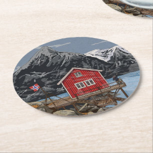 Rorbu Lofoten Bergen Norway Landscape Illustration Round Paper Coaster