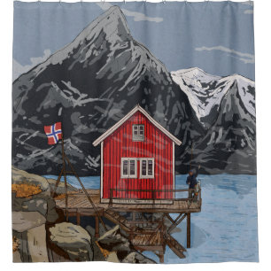 Rorbu Lofoten Bergen Norway Landscape Illustration Shower Curtain