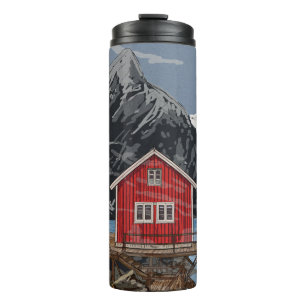 Rorbu Lofoten Bergen Norway Landscape Illustration Thermal Tumbler
