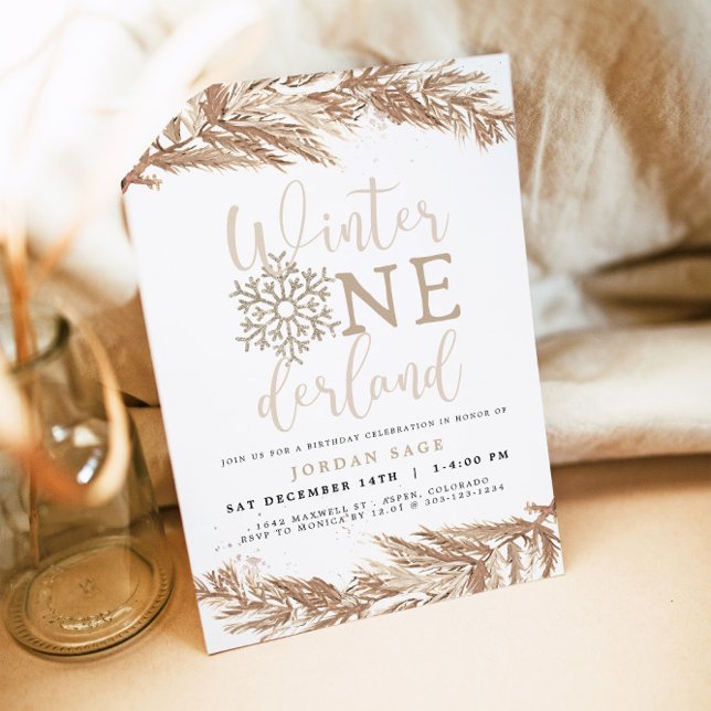 RORY Boho Beige Winter Wonderland First Birthday Invitation (Creator Uploaded)