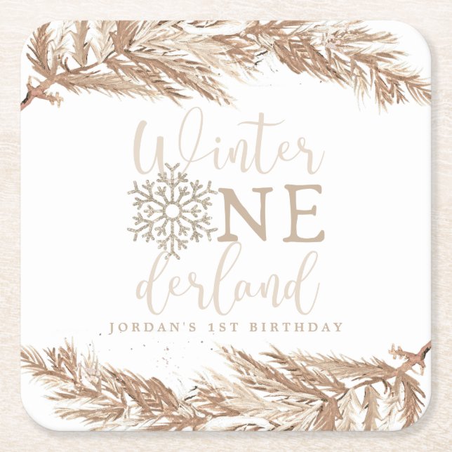 RORY Boho Beige Winter Wonderland First Birthday Square Paper Coaster (Front)