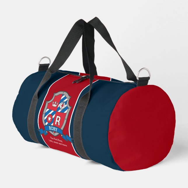 Rory name meaning red blue bird knight shield duffle bag (Left Corner)