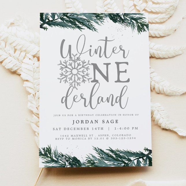 RORY Winter OnderLand Pine Silver 1st Birthday Invitation (Creator Uploaded)