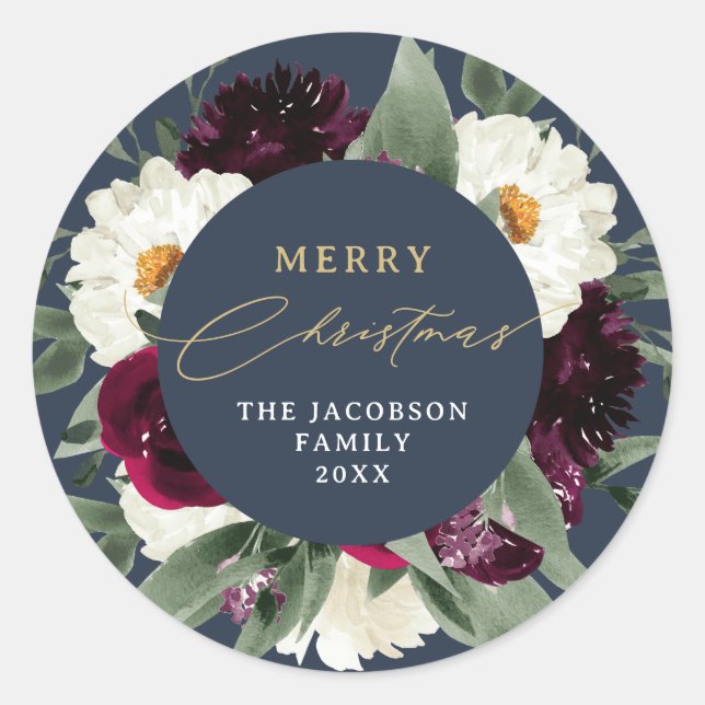 ROSA Boho Burgundy Floral Navy Merry Christmas Classic Round Sticker (Front)