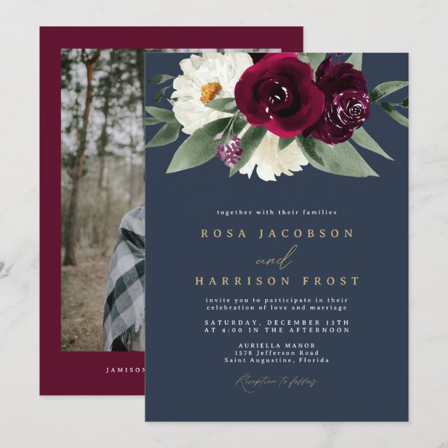 ROSA Burgundy and Navy Floral Winter Wedding Invitation (Front/Back)