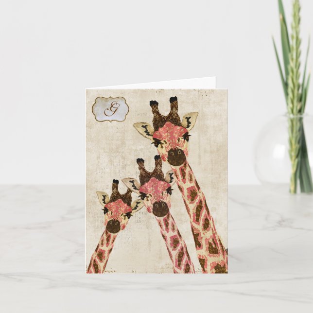 Rosa & Copper Giraffes  White Monogram Notecard (Front)