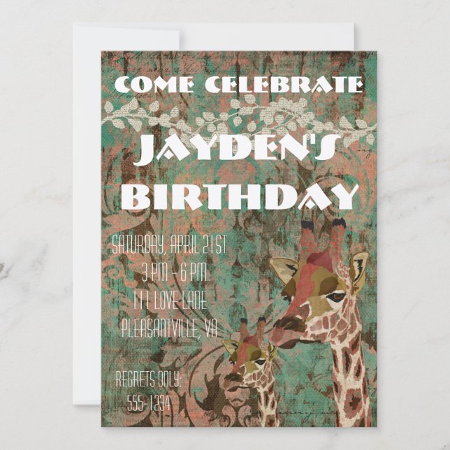 Rosa Giraffes Damask  Birthday Invitation (Front)