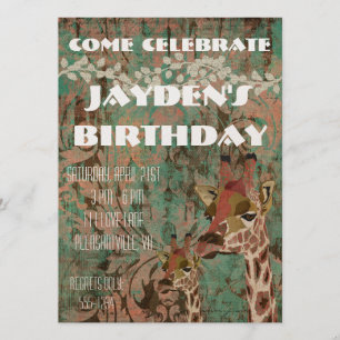 Rosa Giraffes Damask Birthday Invitation