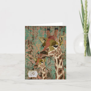 Rosa Giraffes  Damask Monogram Notecard