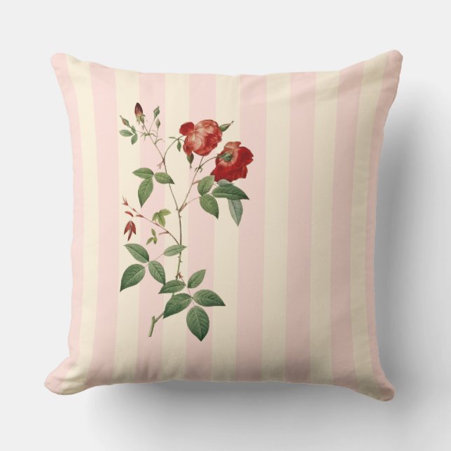 Rosa indica pink & beige strip Throw Pillow (Front)