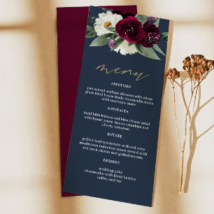 ROSA Rich Burgundy Floral Navy Blue Long Menu Card