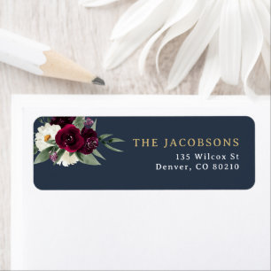 ROSA Rich Burgundy Floral Navy Gold Return Address