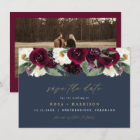 ROSA Rich Burgundy Floral Navy Photo Save the Date