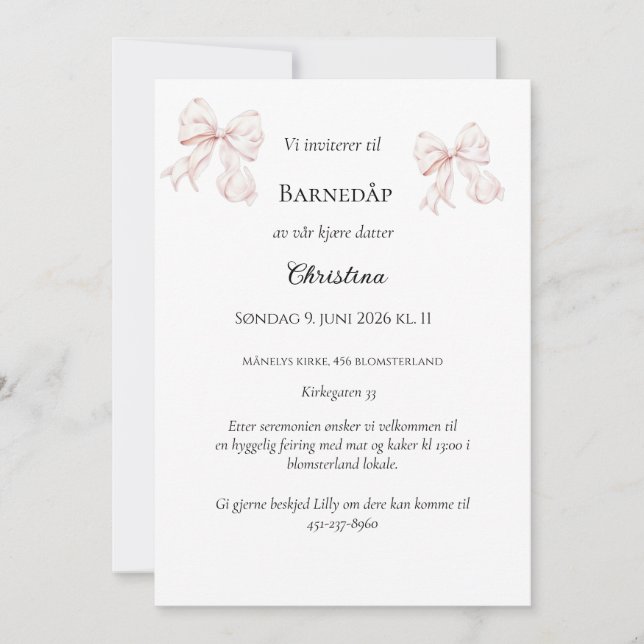 Rosa Sløyfe Dåpsinvitasjon Invitation (Front)