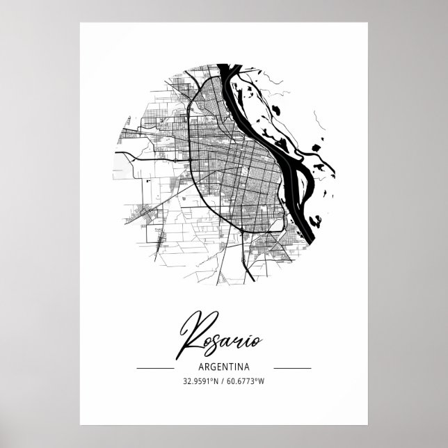 Rosario - Argentina Black Water City Map Poster (Front)