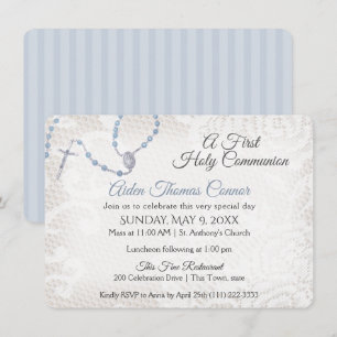 Rosary and Lace First Communion Blue Invitation