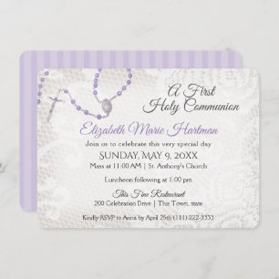 Rosary and Lace First Communion Violet Invitation