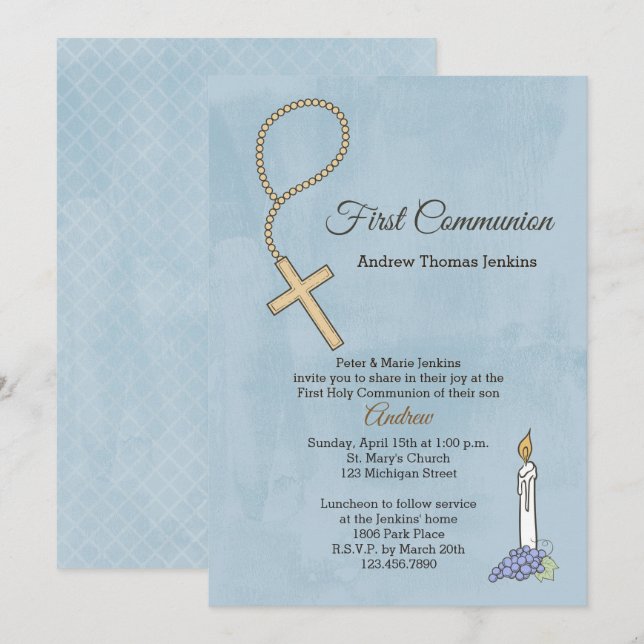 Rosary Beads, Candle Blue First Communion Invite (Front/Back)
