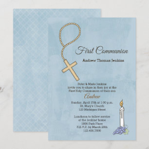 Rosary Beads, Candle Blue First Communion Invite