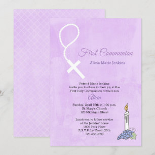 Rosary Beads, Candle, Lilac First Communion Invite