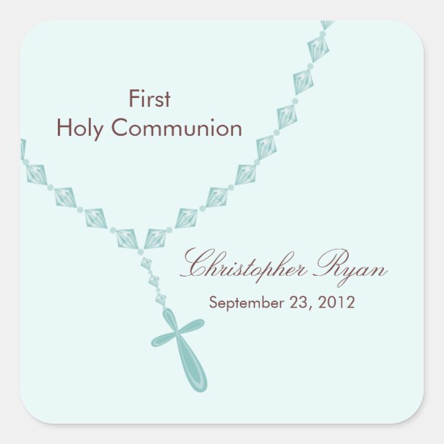 Rosary Beads First Holy Communion Boy Blue Square Sticker (Front)