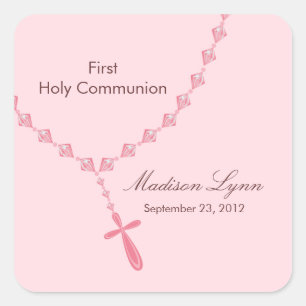 Rosary Beads First Holy Communion Pink Brown Square Sticker