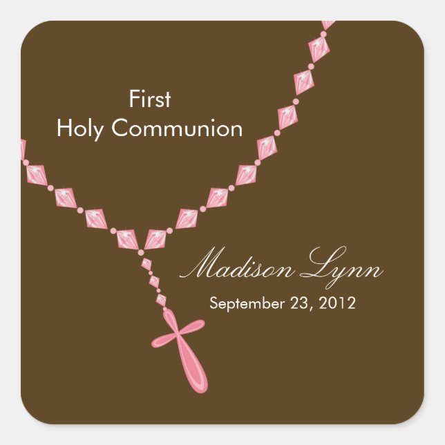 Rosary Beads First Holy Communion Pink Brown Square Sticker (Front)
