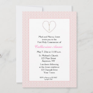Rosary Beads, Heart Pink Damask Communion Invitation