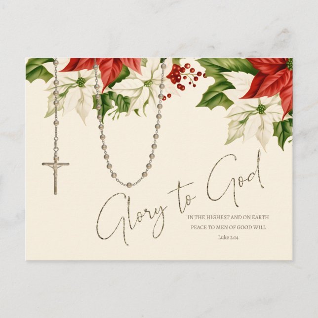 Rosary Christmas Poinsettias Merry Christmas Postcard (Front)