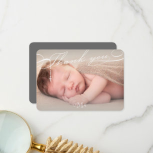 Rosary Cross Monogram Script Photo Religious Thank You Card