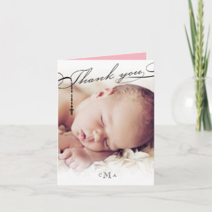 Rosary Cross Monogram Scripted Photo Religious Thank You Card