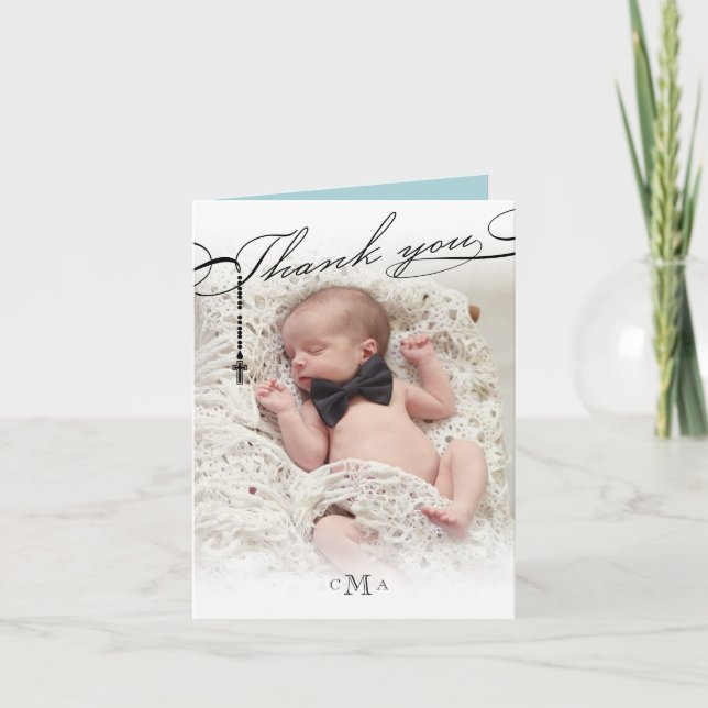 Rosary Cross Monogram Scripted Photo Religious Thank You Card (Front)