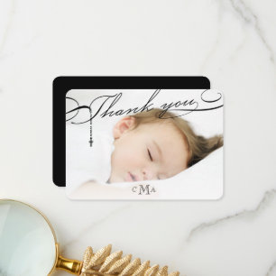 Rosary Cross Monogram Scripted Photo Religious Thank You Card