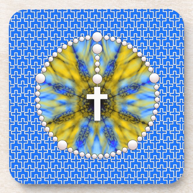 Rosary Dream Catcher Blue & Yellow Coaster (Front)