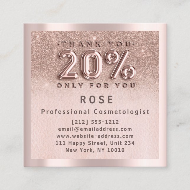 Rose 20% Off Discount Logo Hair Glitter Balloon Appointment Card (Front)