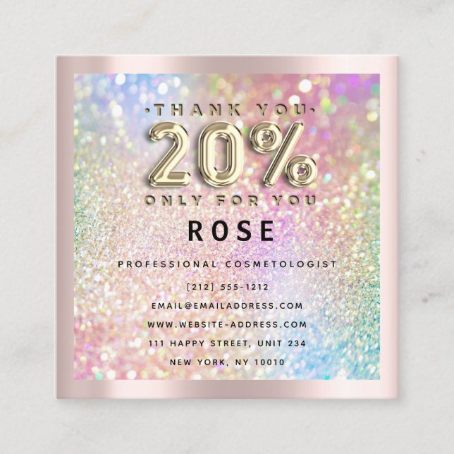 Rose 20% Off Discount Logo Holograph Glitter Gold Appointment Card (Front)