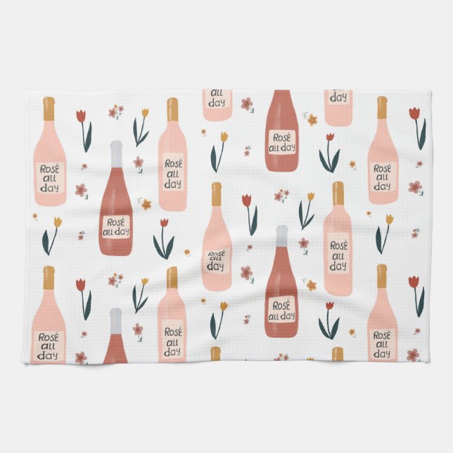 Rose ALL day wine lovers pattern Tea Towel (Horizontal)
