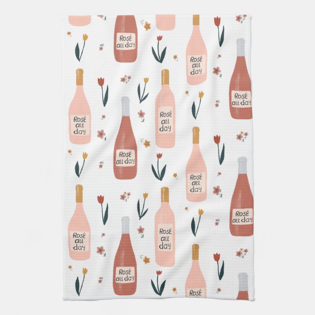 Rose ALL day wine lovers pattern Tea Towel (Vertical)