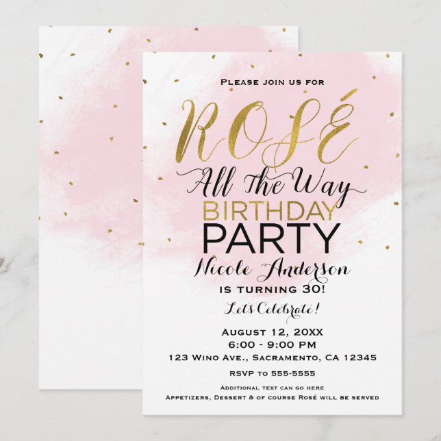 Rosé All the Way Birthday Party Pink & Gold Invitation (Front/Back)