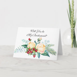 Rose and Berry Stems Will You Be My Bridesmaid? Card