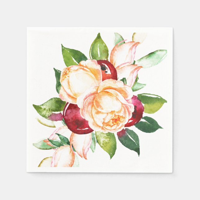 Rose and Berry Watercolor Stems Napkin (Front)