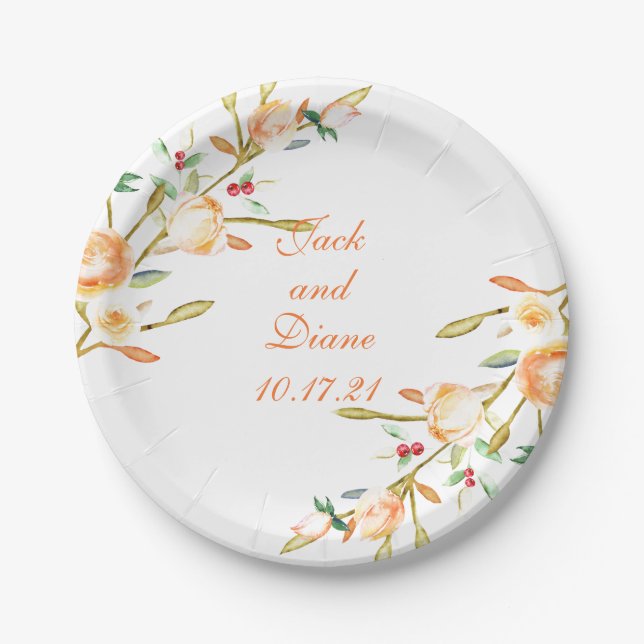 Rose and Berry Watercolor Stems Paper Plate (Front)