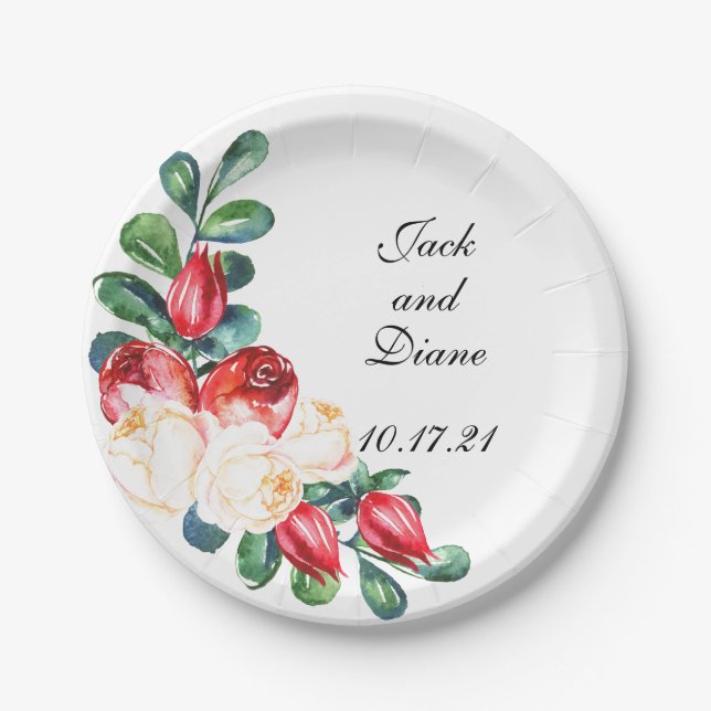Rose and Berry Watercolor Stems Paper Plate (Front)