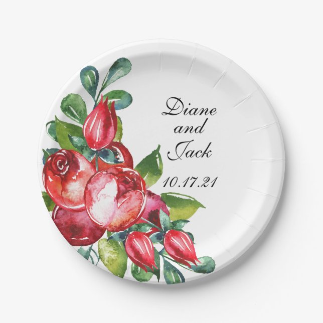 Rose and Berry Watercolor Stems Paper Plate (Front)